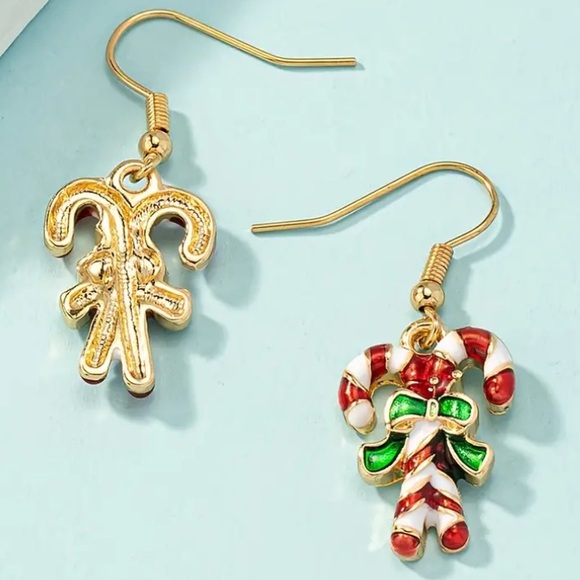 Candy Canes with Green Bow Christmas Holiday Dangle Earrings - Picture 3 of 3